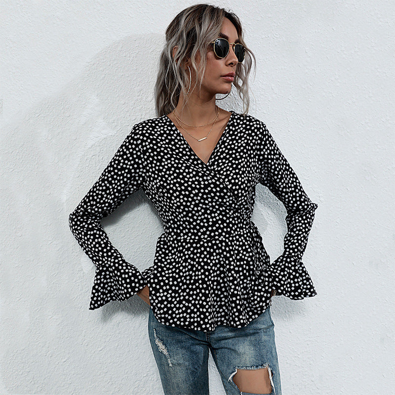 Damen Taillierte Wickelbluse mit V-Ausschnitt, Allover-Punktmuster und ausgestellten Volantärmeln – Élovi