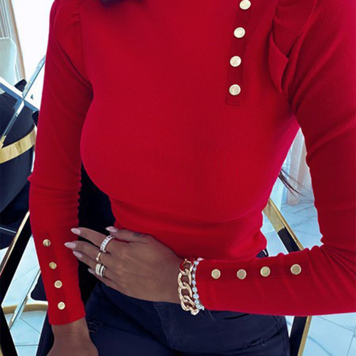 Damen Rippstrick Longsleeve mit Stehkragen, Schultervolant und Zierknöpfen – Avérine