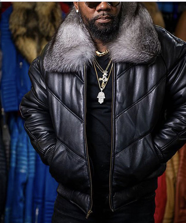Herren Lammfell-Fliegerjacke mit luxuriösem Kunstfellkragen und modernem Schnitt Echoarchiv