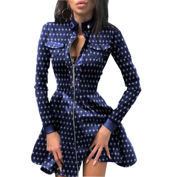 Damen nan tailliertes Mini-Kleid mit Hahnentritt-Oberteil, Kunstleder-Rock, Stehkragen und durchgehendem Reißverschluss Echo Archiv