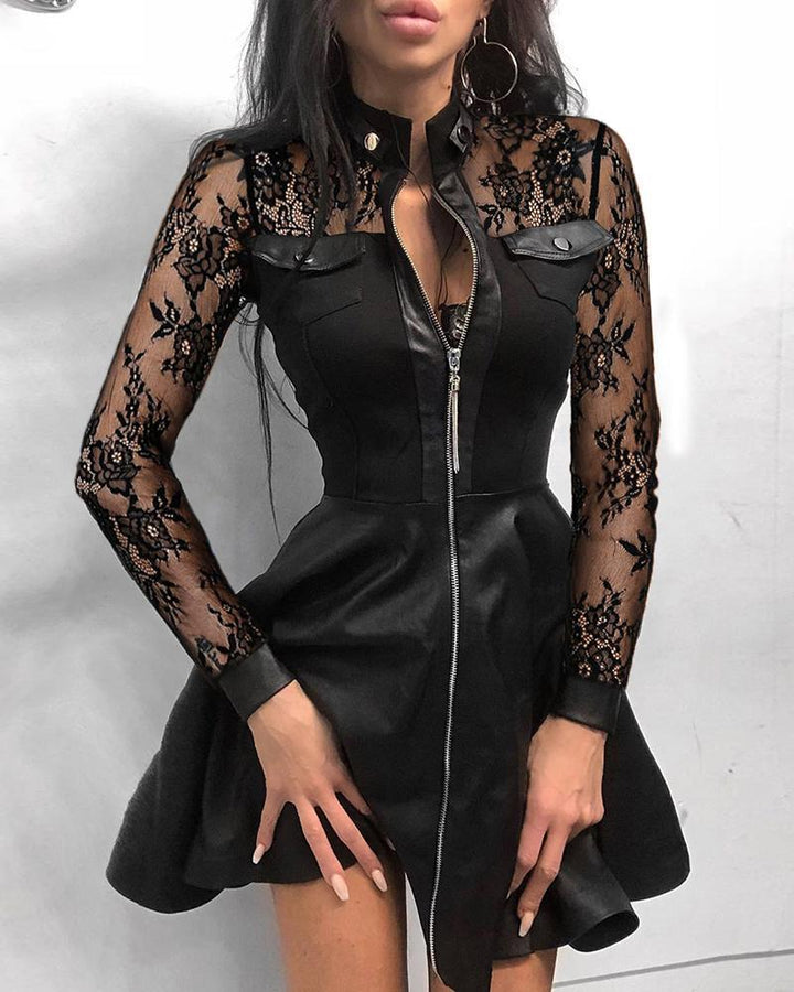 Damen nan tailliertes Mini-Kleid mit Hahnentritt-Oberteil, Kunstleder-Rock, Stehkragen und durchgehendem Reißverschluss Echo Archiv