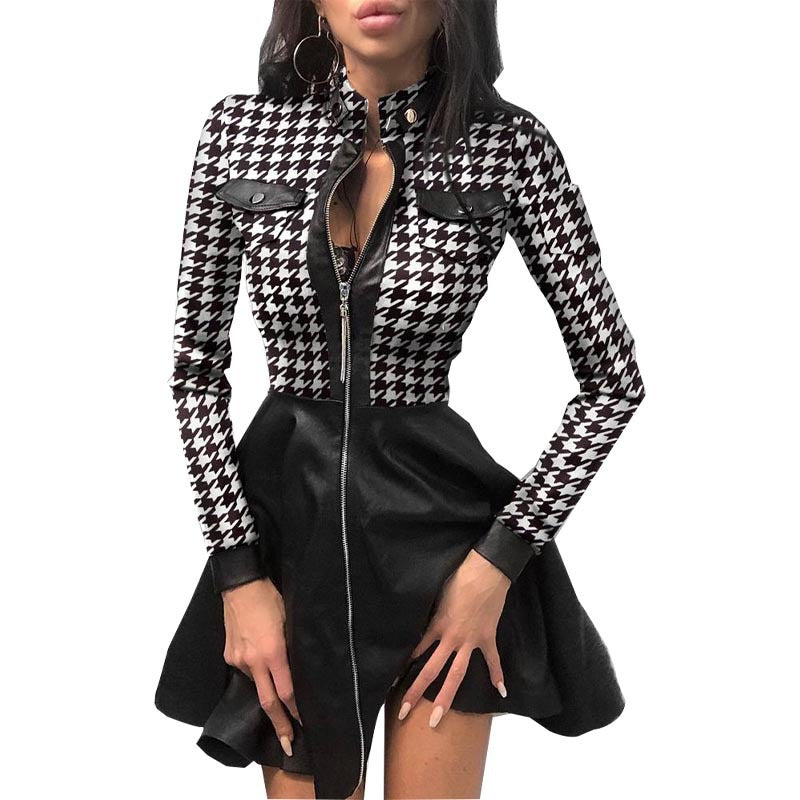 Damen nan tailliertes Mini-Kleid mit Hahnentritt-Oberteil, Kunstleder-Rock, Stehkragen und durchgehendem Reißverschluss Echo Archiv