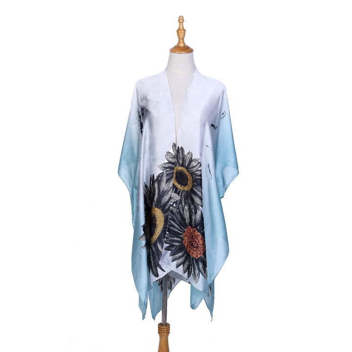Damen Seidenähnlicher Kaftan-Überwurf mit großflächigem Sonnenblumenprint Echo Archiv