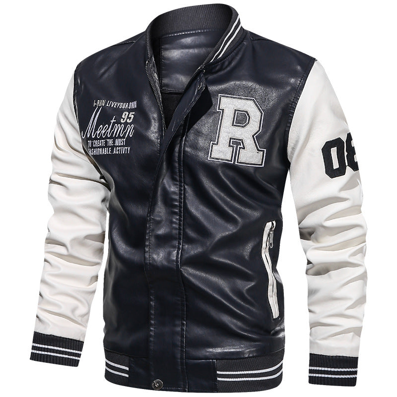 Herren Varsity-Bomberjacke im College-Stil aus Kunstleder mit bestickten Logos & kontrastreichen Ärmeln Echoarchiv