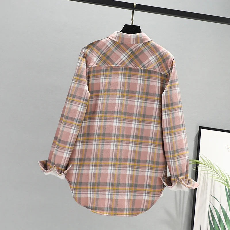 Damen nan karierte Hemdjacke mit Teddyfutter, Brusttasche und abgerundetem Saum Echo Archiv