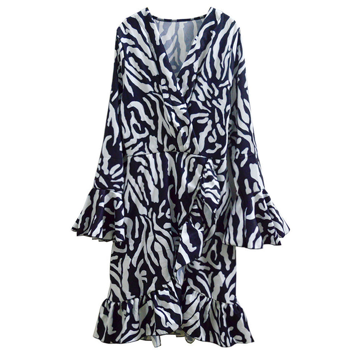 Damen Wickelkleid mit ZEchoarchivra-Print, Volantärmeln und geraffter Taille Echoarchiv