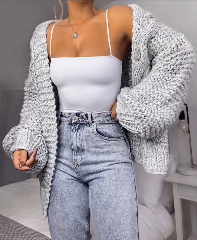 Damen Oversized Grobstrick-Cardigan mit Balloon-Ärmeln und offener Front Echo Archiv