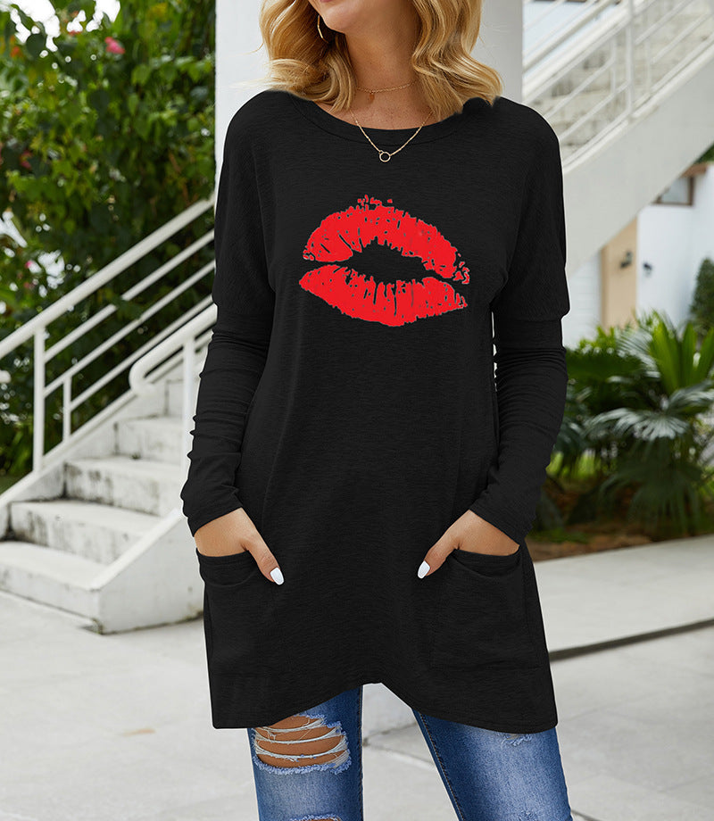 Damen Lange Oversize Tunika Bluse mit Rundhalsausschnitt, Kussdruck und Seitentaschen – Élovi