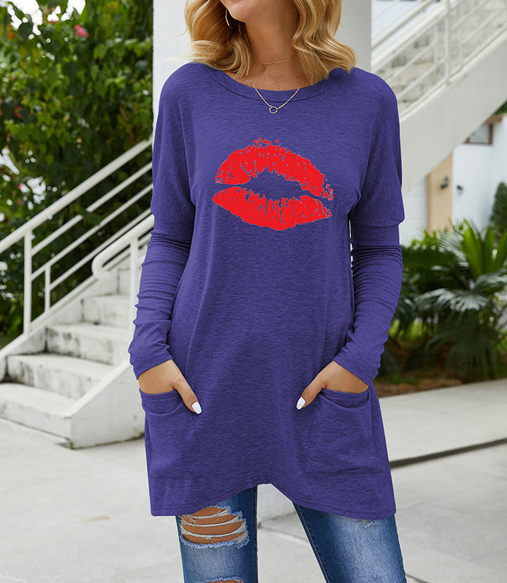 Damen Lange Oversize Tunika Bluse mit Rundhalsausschnitt, Kussdruck und Seitentaschen – Élovi