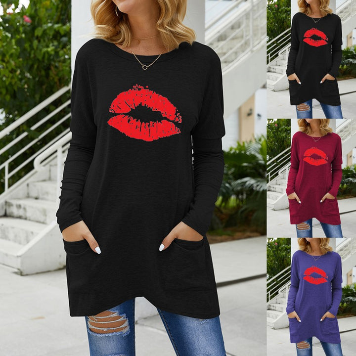 Damen Lange Oversize Tunika Bluse mit Rundhalsausschnitt, Kussdruck und Seitentaschen – Élovi