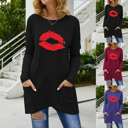 Damen Lange Oversize Tunika Bluse mit Rundhalsausschnitt, Kussdruck und Seitentaschen – Élovi
