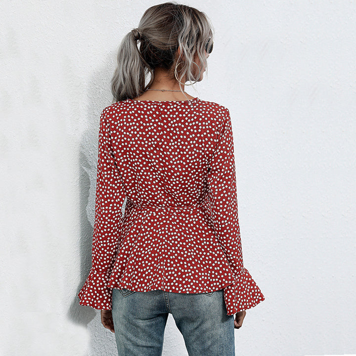 Damen Taillierte Wickelbluse mit V-Ausschnitt, Allover-Punktmuster und ausgestellten Volantärmeln – Élovi