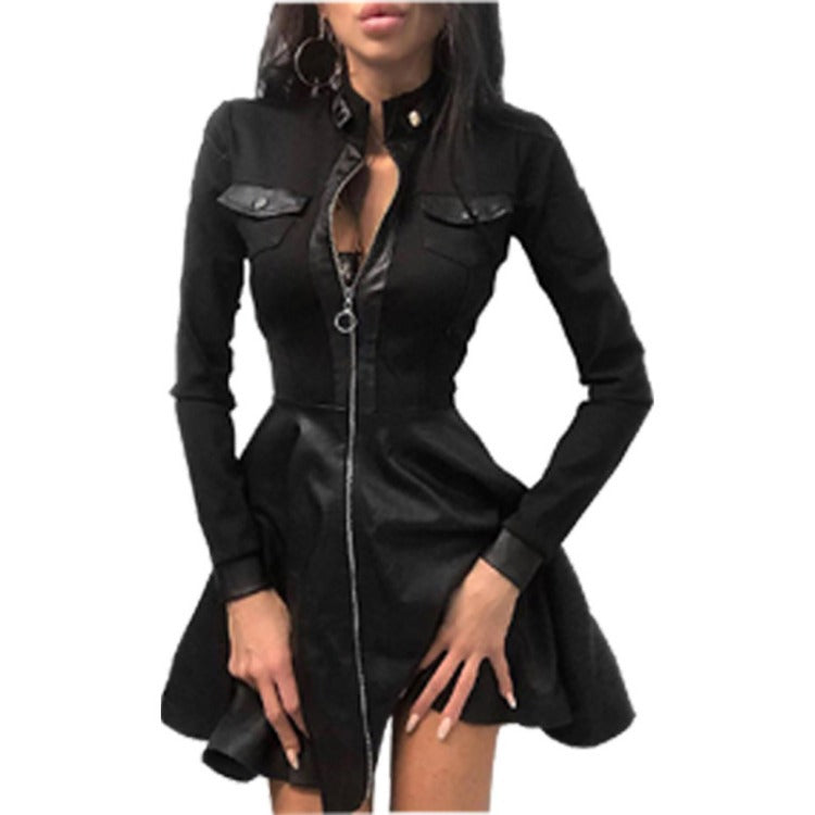 Damen nan tailliertes Mini-Kleid mit Hahnentritt-Oberteil, Kunstleder-Rock, Stehkragen und durchgehendem Reißverschluss Echo Archiv