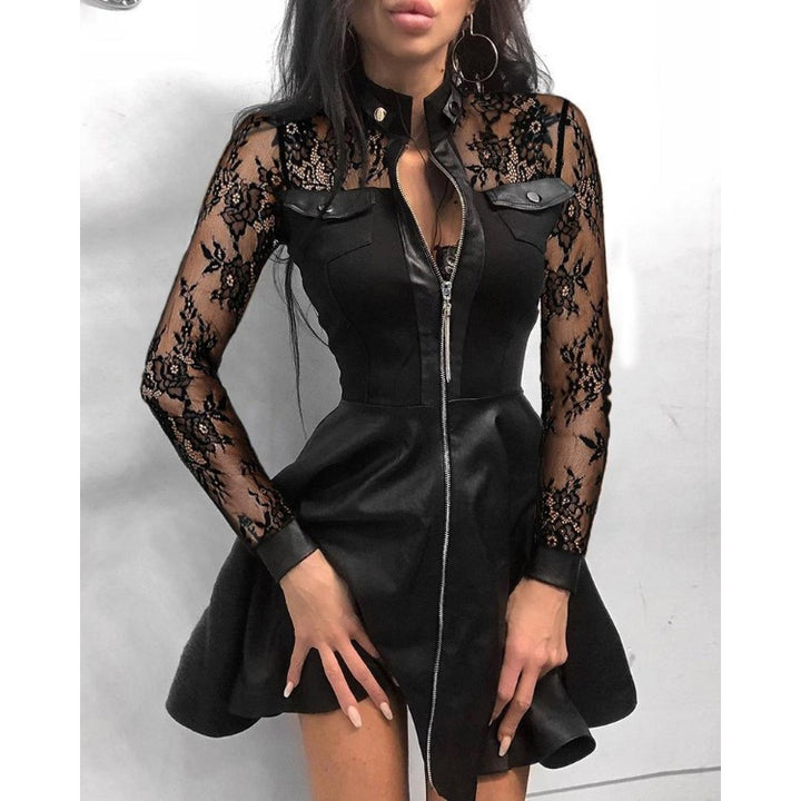 Damen nan tailliertes Mini-Kleid mit Hahnentritt-Oberteil, Kunstleder-Rock, Stehkragen und durchgehendem Reißverschluss Echo Archiv