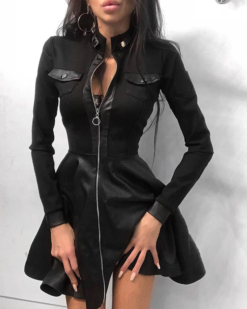 Damen nan tailliertes Mini-Kleid mit Hahnentritt-Oberteil, Kunstleder-Rock, Stehkragen und durchgehendem Reißverschluss Echo Archiv