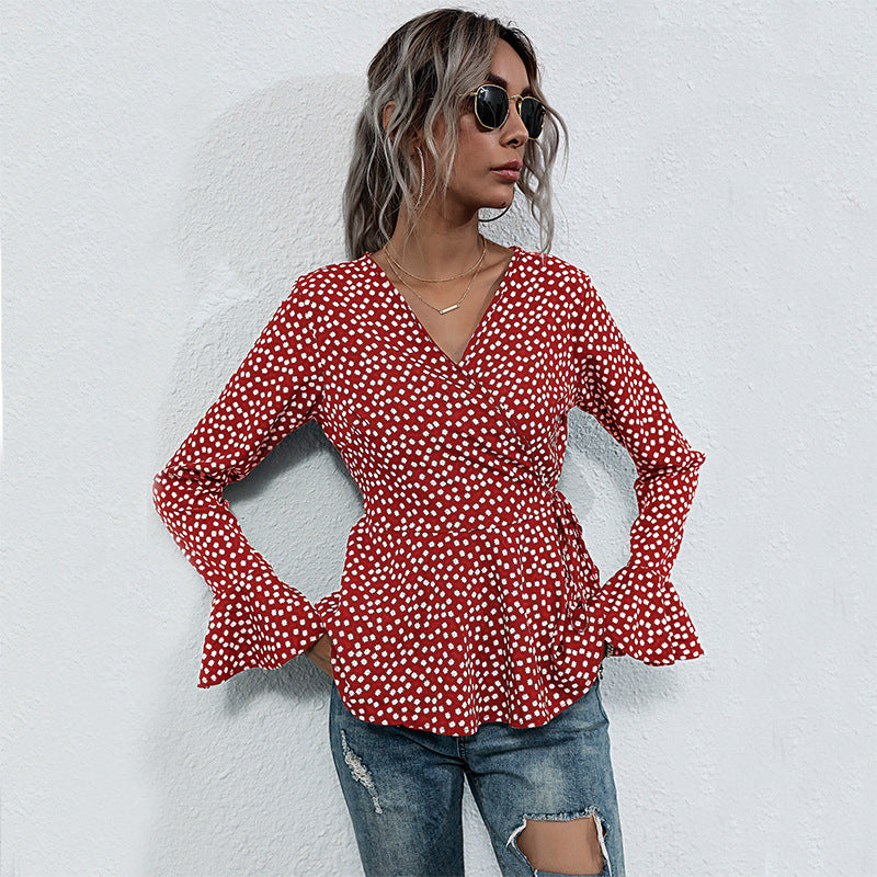Damen Taillierte Wickelbluse mit V-Ausschnitt, Allover-Punktmuster und ausgestellten Volantärmeln – Élovi