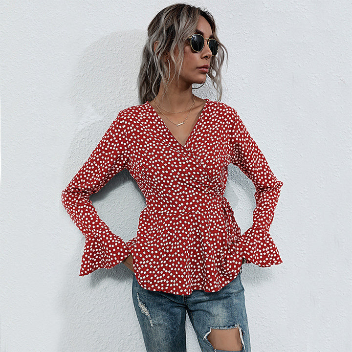 Damen Taillierte Wickelbluse mit V-Ausschnitt, Allover-Punktmuster und ausgestellten Volantärmeln – Élovi