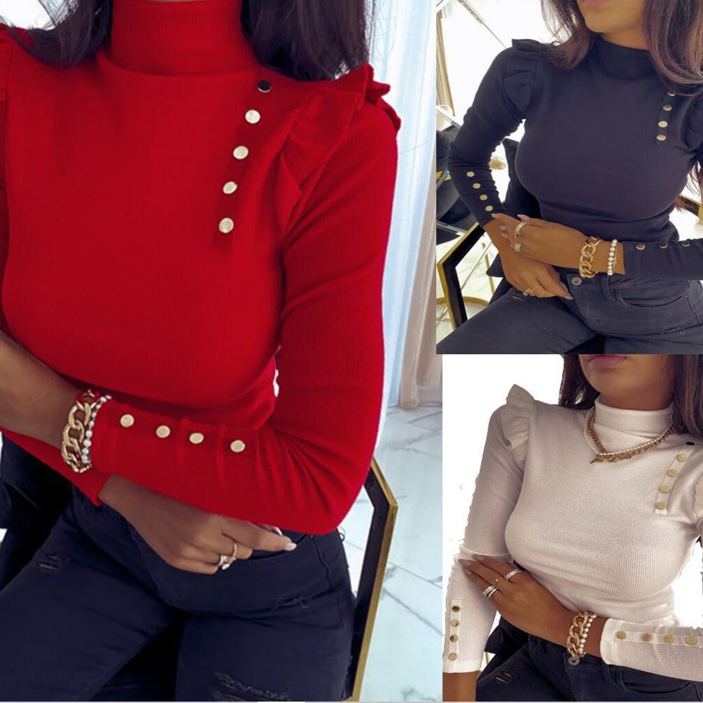 Damen Rippstrick Longsleeve mit Stehkragen, Schultervolant und Zierknöpfen – Avérine