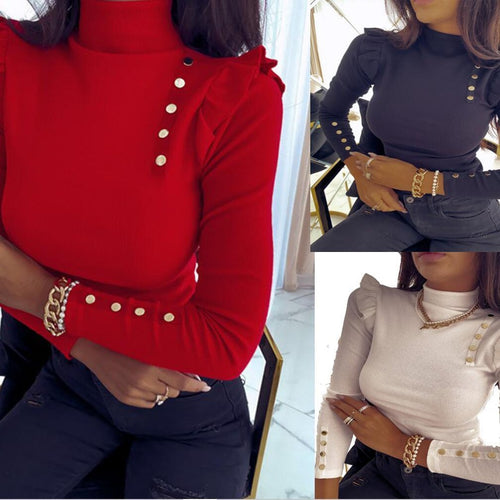 Damen Rippstrick Longsleeve mit Stehkragen, Schultervolant und Zierknöpfen – Avérine