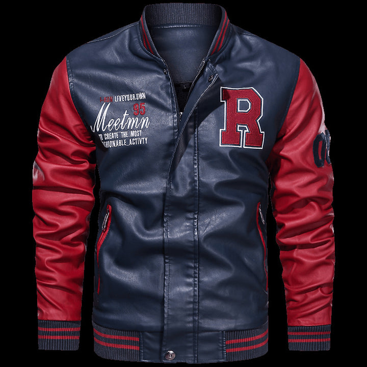 Herren Varsity-Bomberjacke im College-Stil aus Kunstleder mit bestickten Logos & kontrastreichen Ärmeln Echoarchiv