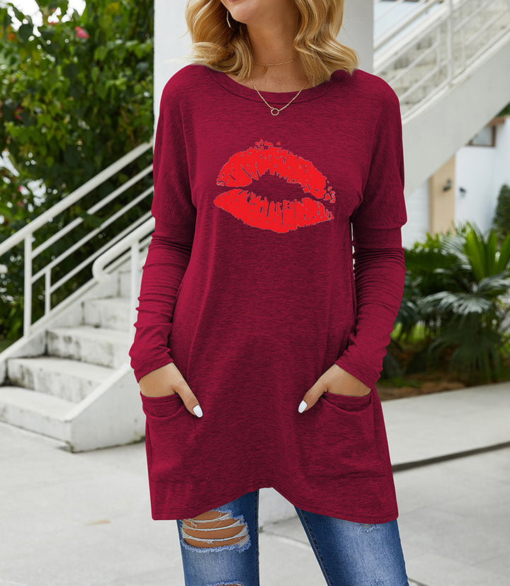 Damen Lange Oversize Tunika Bluse mit Rundhalsausschnitt, Kussdruck und Seitentaschen – Élovi
