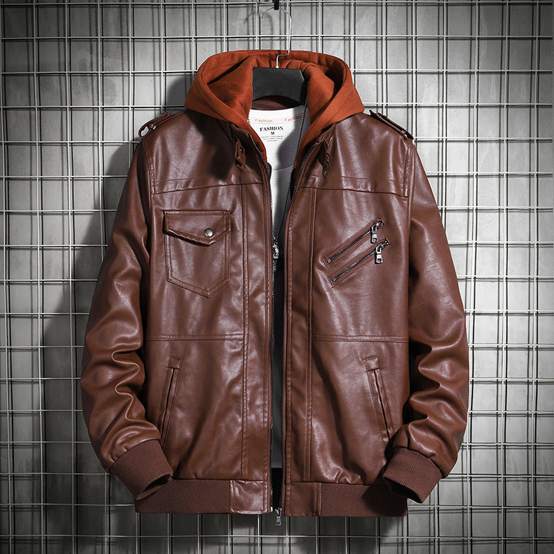 Herren Modische Lederjacke mit Kapuze Echo Archiv