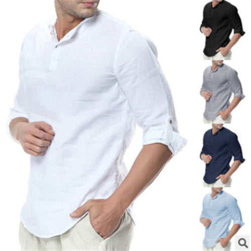 Herren Elegante Leinenbluse mit umschlagbaren Ärmeln und schlichten Knopfdetails Echoarchiv