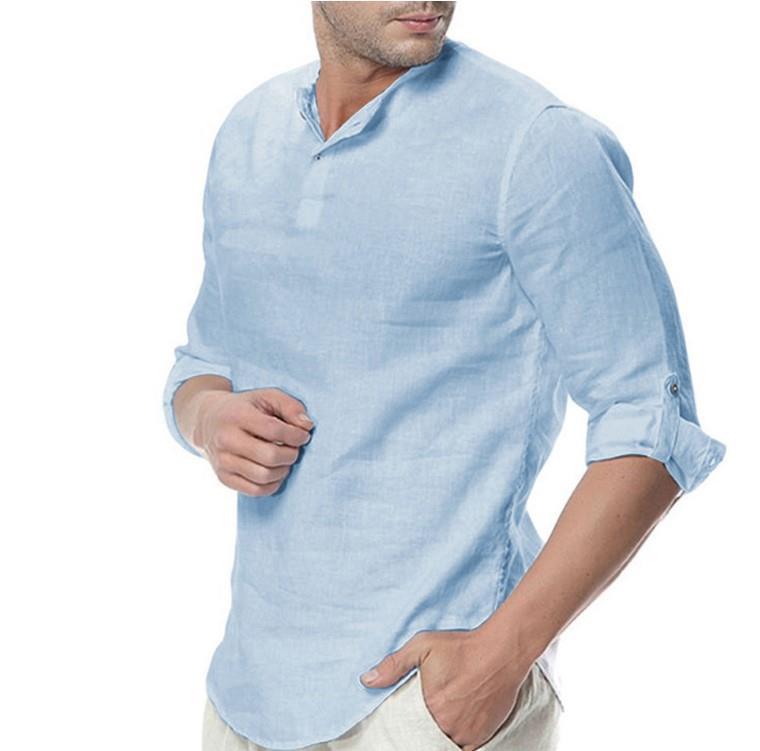 Herren lässige Leinenbluse mit modernem Stehkragen und praktischen Knopfdetails Echoarchiv