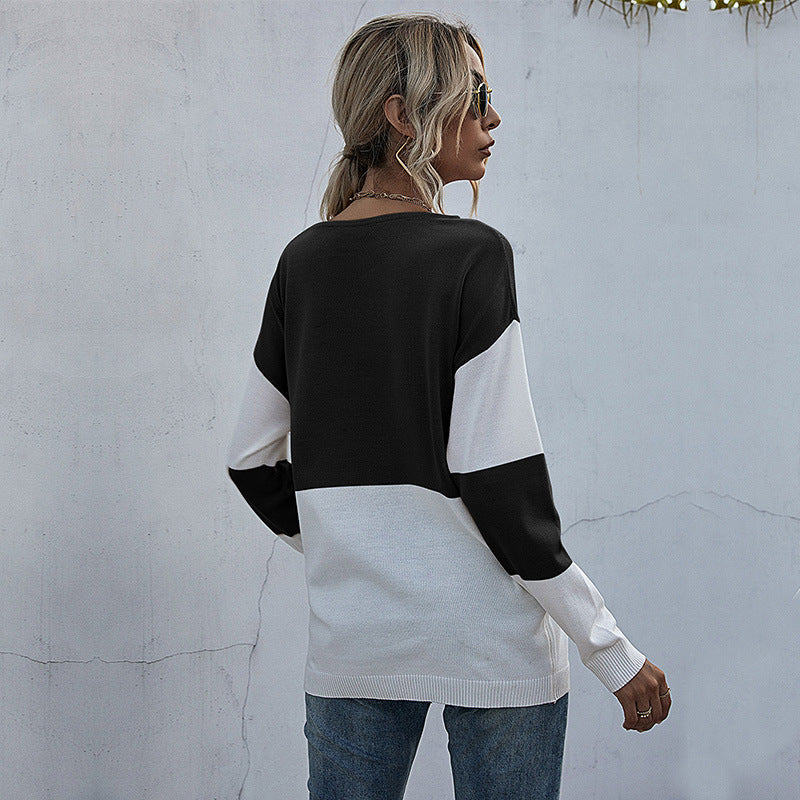 Damen Lockere Strickpullover im Blockmuster mit V‑Ajour‑Detail Echoarchiv