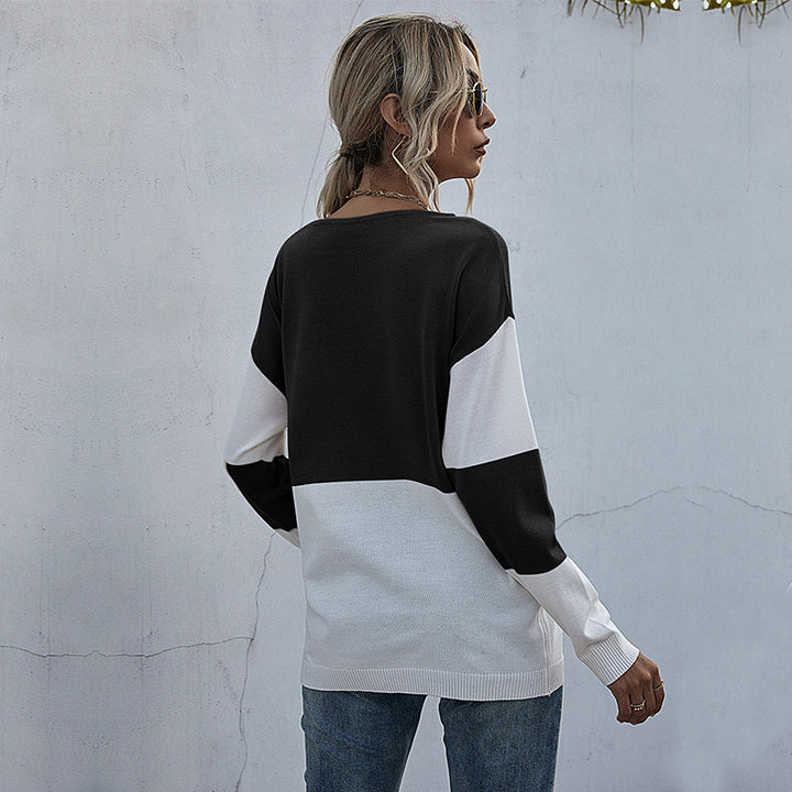Damen Lockere Strickpullover im Blockmuster mit V‑Ajour‑Detail Echoarchiv