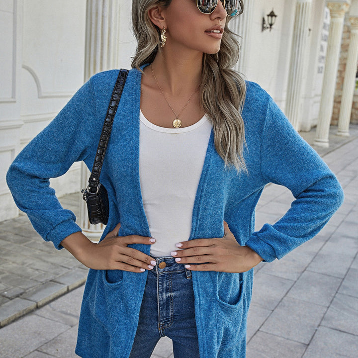 Damen Langer Offener Strickcardigan mit aufgesetzten Taschen und lässigem Fall – Veloura