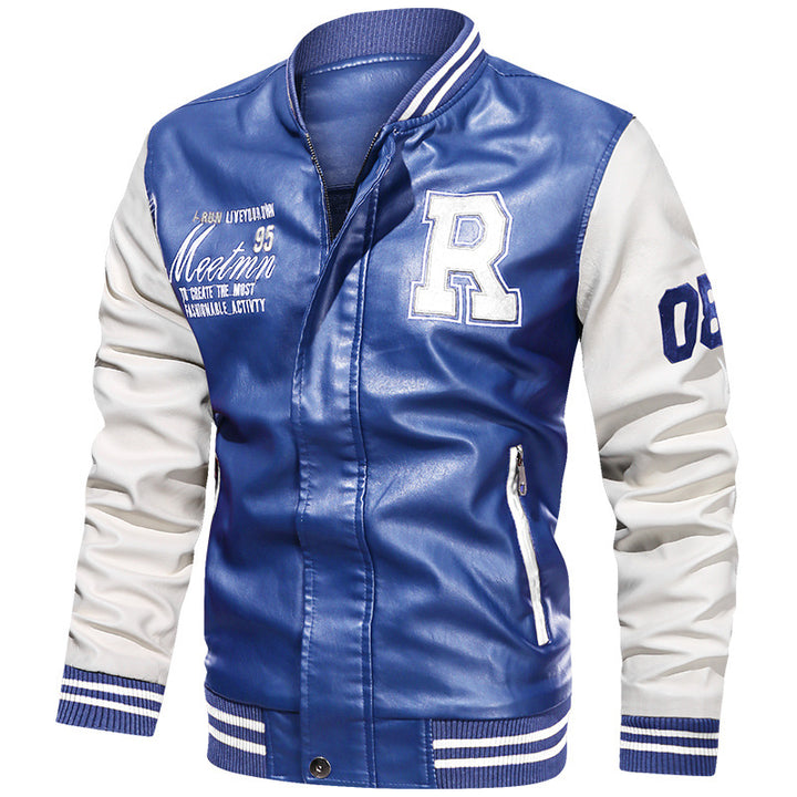 Herren Varsity-Bomberjacke im College-Stil aus Kunstleder mit bestickten Logos & kontrastreichen Ärmeln Echoarchiv
