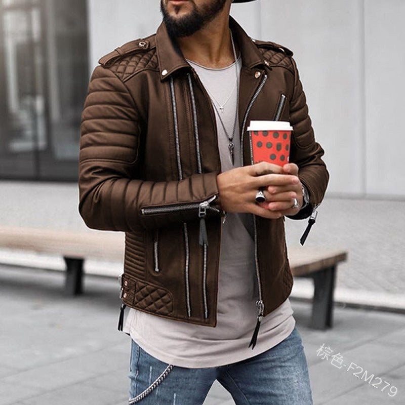 Herren modische Kunstleder-Bikerjacke mit Steppdetail und funktionalen Reißverschlusstaschen Echoarchiv
