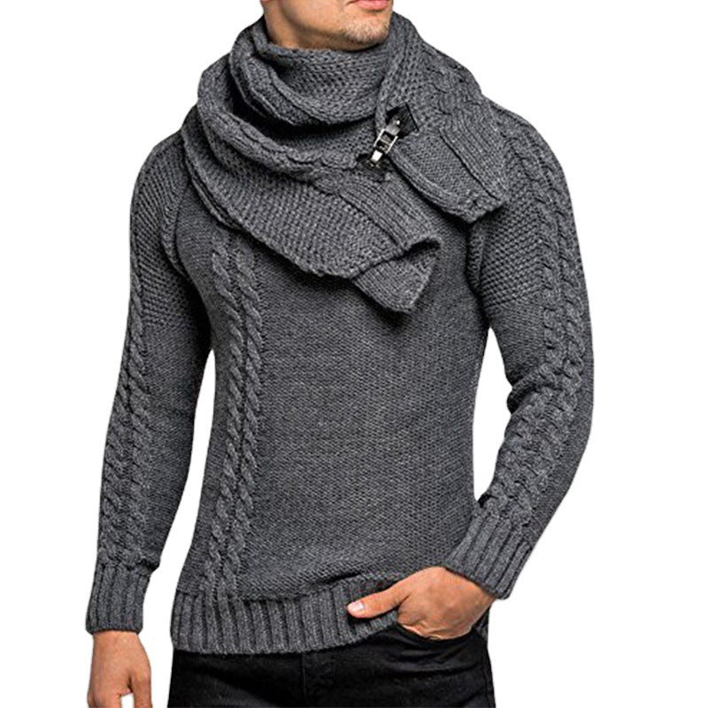 Herren Grobstrick-Pullover mit integriertem Wickelkragen und Schnallen-Schal Echo Archiv
