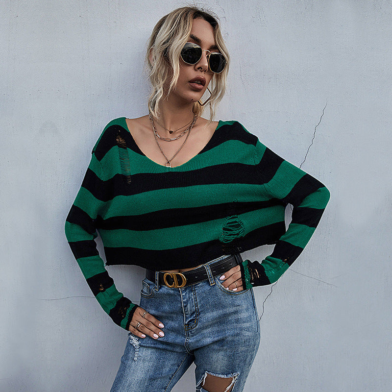Damen Lässiger Crop-Pullover mit Streifen und Destroyed-Details Echo Archiv