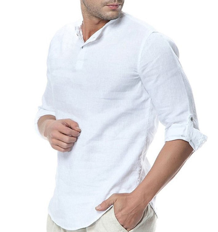 Herren Elegante Leinenbluse mit umschlagbaren Ärmeln und schlichten Knopfdetails Echoarchiv
