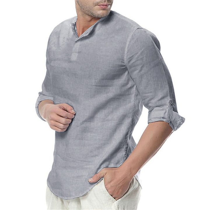 Herren lässige Leinenbluse mit modernem Stehkragen und praktischen Knopfdetails Echoarchiv