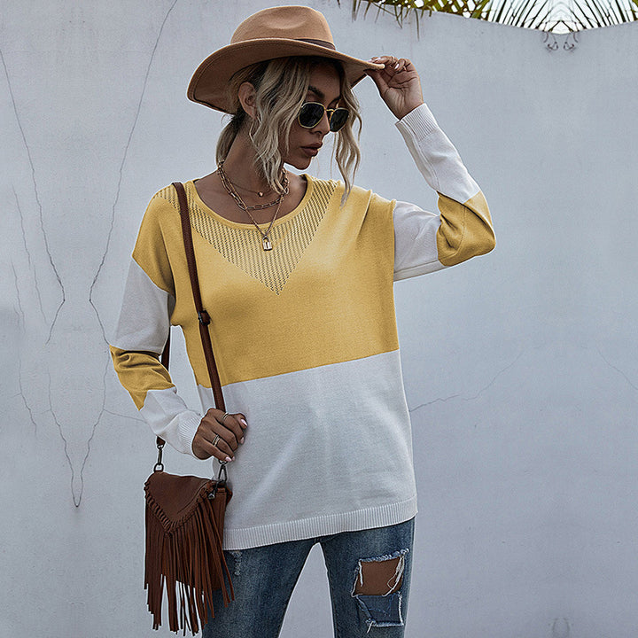 Damen Lockere Strickpullover im Blockmuster mit V‑Ajour‑Detail Echoarchiv