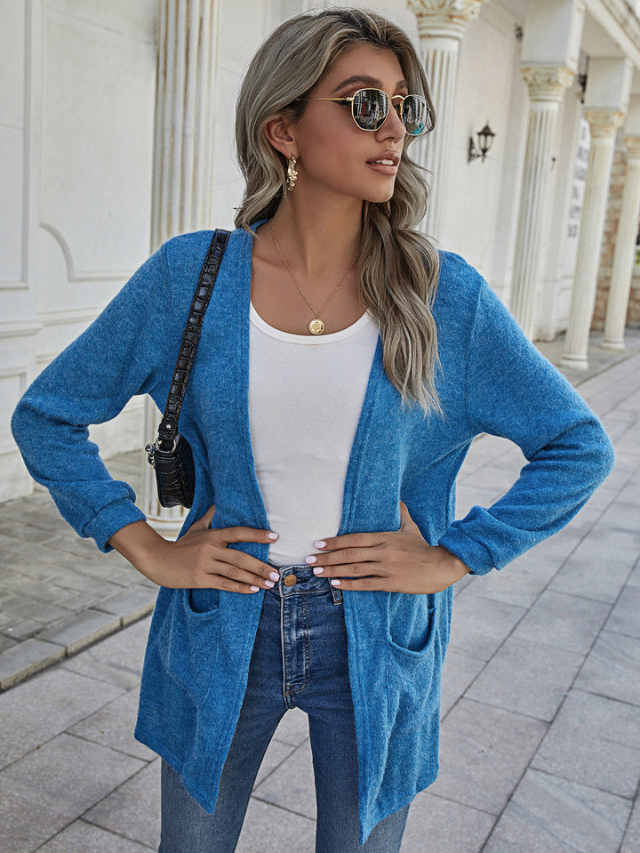 Damen Langer Offener Strickcardigan mit aufgesetzten Taschen und lässigem Fall – Veloura