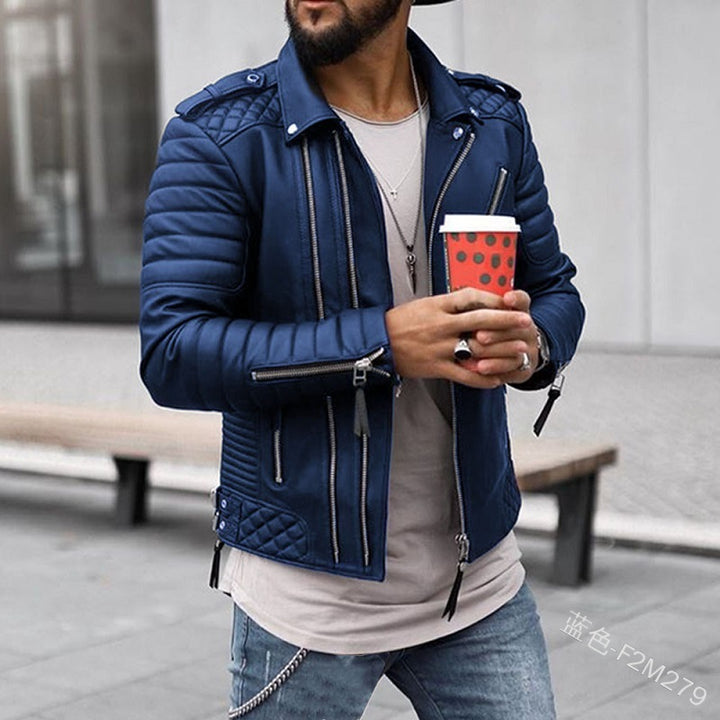 Herren modische Kunstleder-Bikerjacke mit Steppdetail und funktionalen Reißverschlusstaschen Echoarchiv