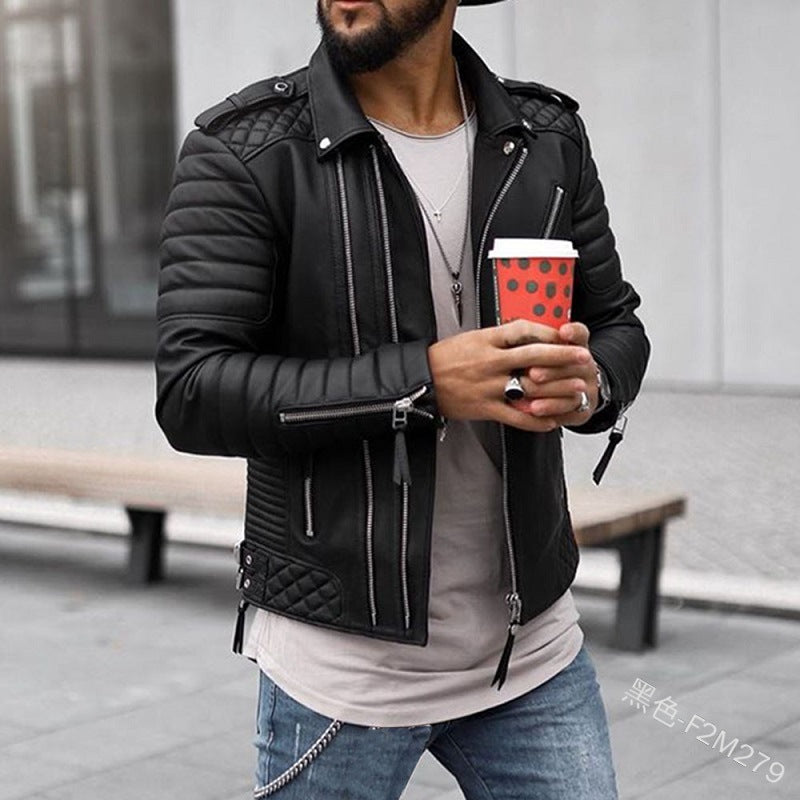 Herren modische Kunstleder-Bikerjacke mit Steppdetail und funktionalen Reißverschlusstaschen Echoarchiv