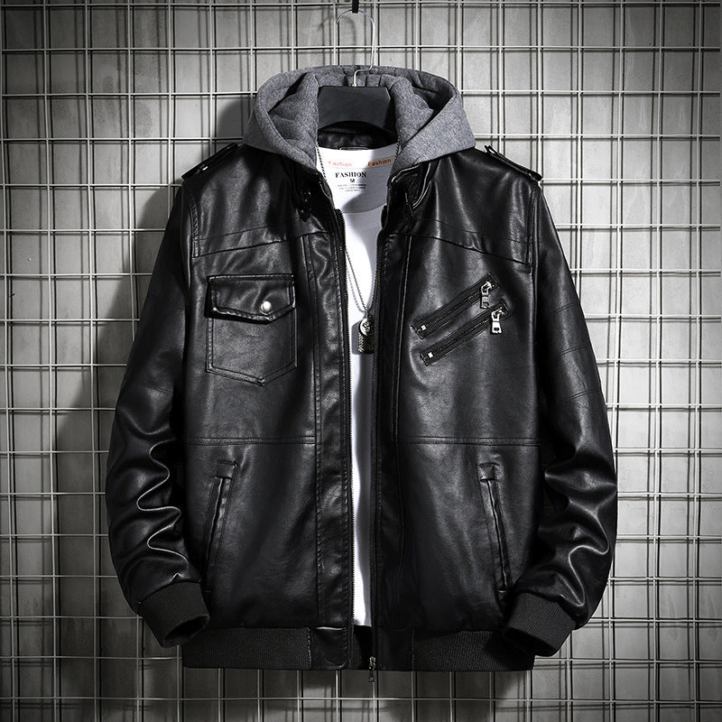 Herren Modische Lederjacke mit Kapuze Echo Archiv