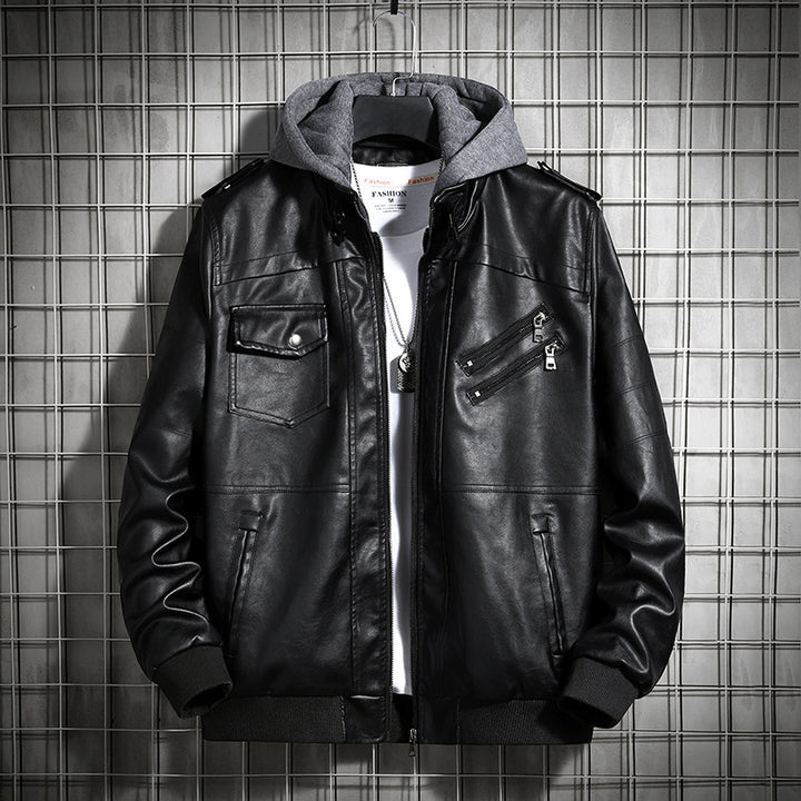 Herren Modische Lederjacke mit Kapuze Echo Archiv