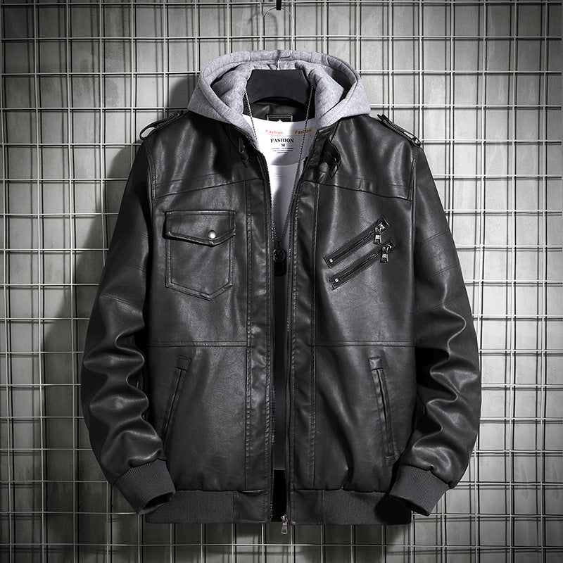 Herren Modische Lederjacke mit Kapuze Echo Archiv