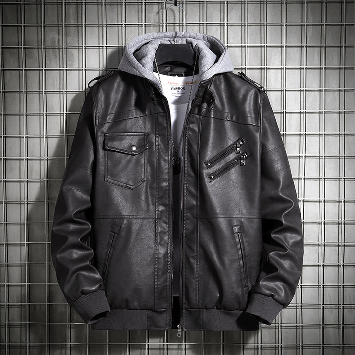 Herren Modische Lederjacke mit Kapuze Echo Archiv