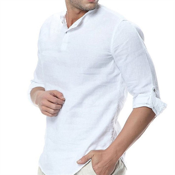 Herren lässige Leinenbluse mit modernem Stehkragen und praktischen Knopfdetails Echoarchiv