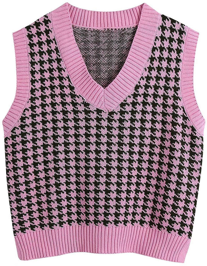 Damen Strickweste mit Hahnentritt-Muster, V-Ausschnitt und geripptem Saum Echo Archiv