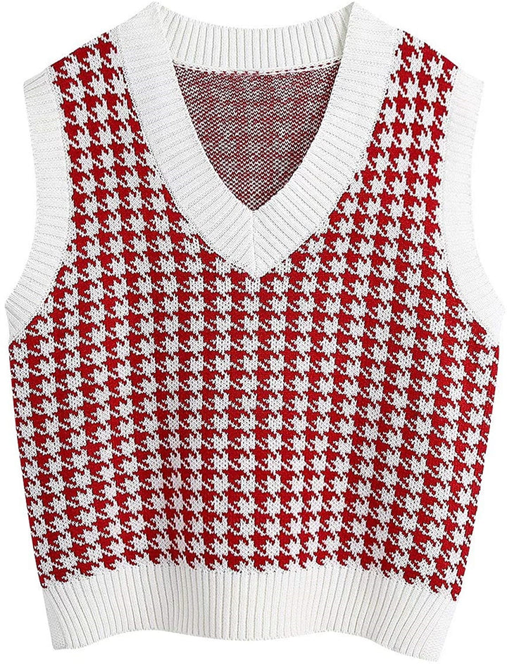 Damen Strickweste mit Hahnentritt-Muster, V-Ausschnitt und geripptem Saum Echo Archiv