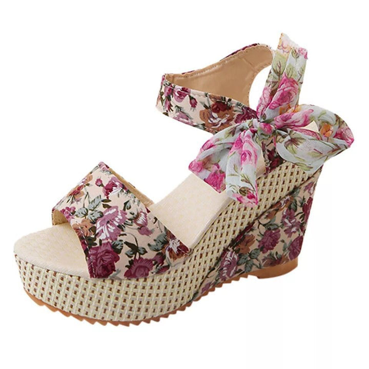 Damen nan romantische Spitzen-Keilabsatzsandalen mit Bast-Plateau und Zierschleife Echo Archiv