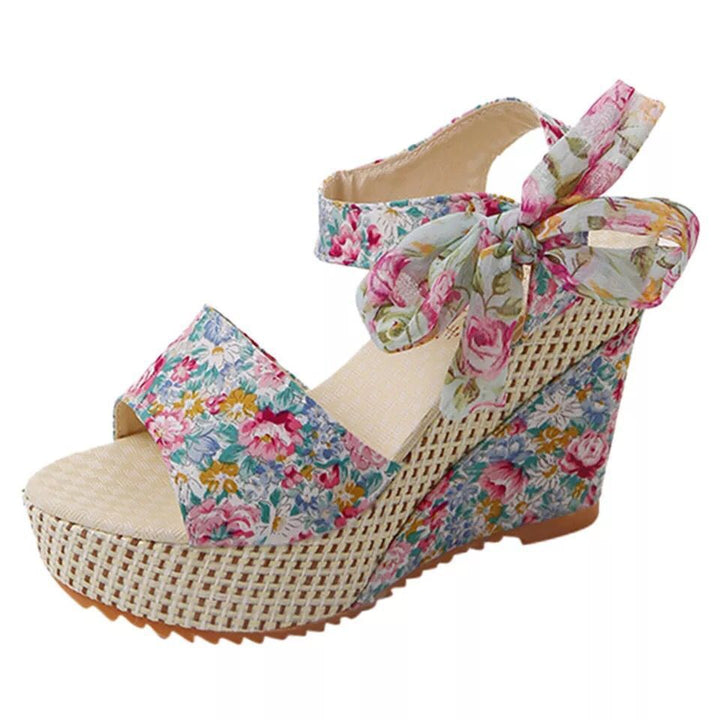 Damen nan romantische Spitzen-Keilabsatzsandalen mit Bast-Plateau und Zierschleife Echo Archiv